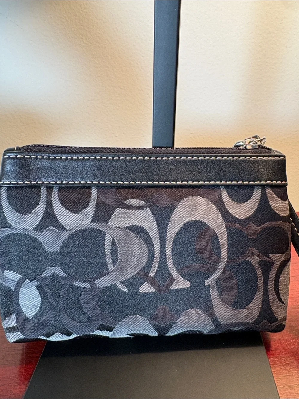 Coach Black and Gray Signature Canvas Wristlet